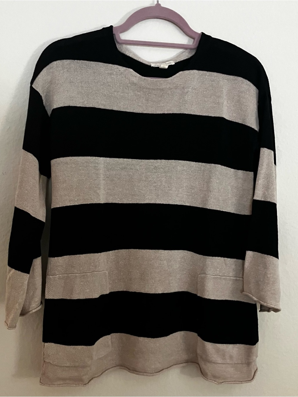 Eileen Fisher Sweater XXS Beige Black Striped Pullover no tag